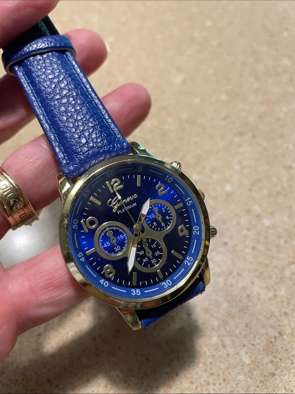 Geneva Platinum Blue Strap Gold-Tone Case Chronograph Watch